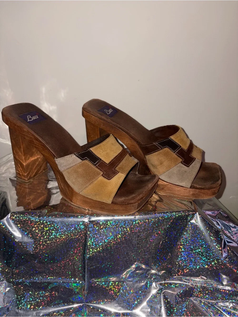 Women’s Brown Suede Multi-Tone Platform Mules